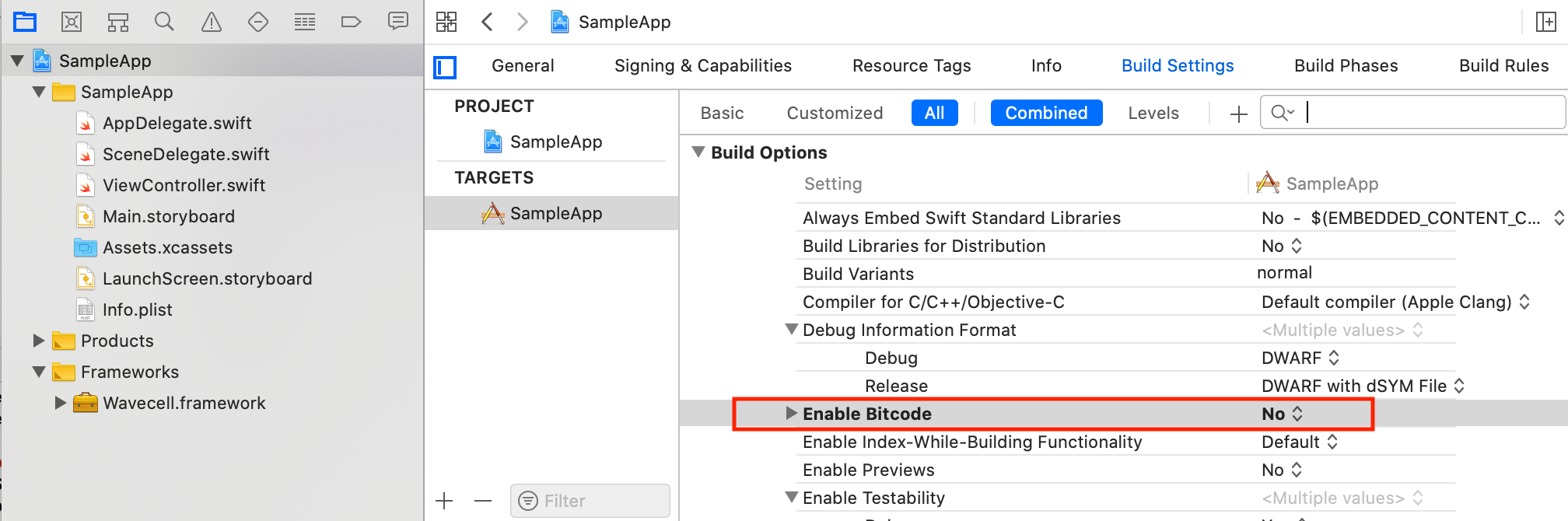 disable-bitcode-in-xcode-project